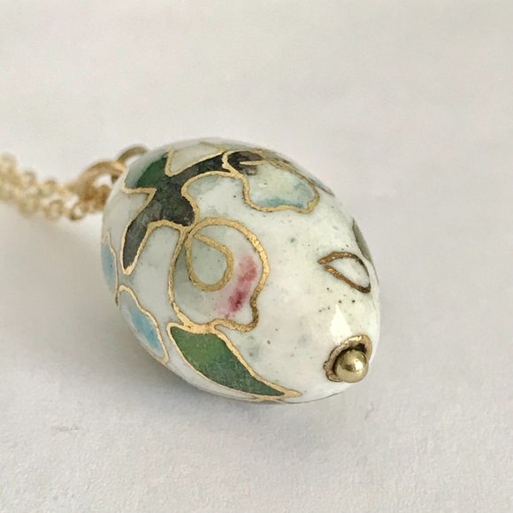 Vintage Cloisonne Flower Egg Oval Bead Necklace Aqua Pink Enamel Gold Plated 18" - Picture 7 of 11